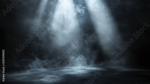 Dark stage illuminated by two bright spotlights with visible smoke or fog creating a mysterious atmosphere.