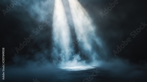 Two beams of bright light penetrate a smoky, dark atmosphere, illuminating a misty ground with an ethereal, mysterious ambiance.