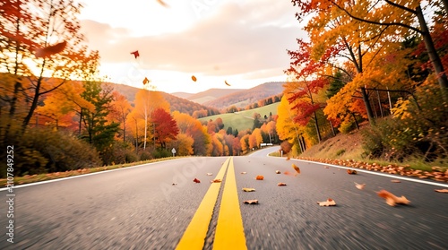 Autumn Road Through Colorful Forest Along Scenic Mountain Valley.