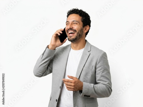 Laughter During Phone Call with Hispanic Man