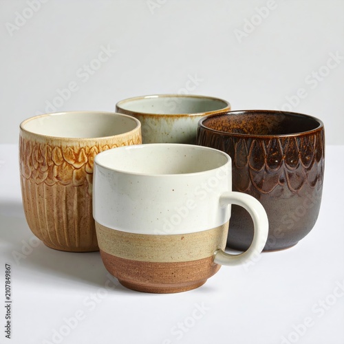 Four textured ceramic mugs in earthy tones displayed on a plain background