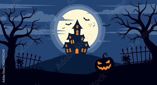 Spooky flat vector illustration for Halloween featuring a haunted house, glowing full moon, bats, and carved pumpkins on a dark background for festive seasonal holiday graphic design.
