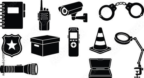 Foto Law enforcement investigation silhouette icons including notebook walkie talkie