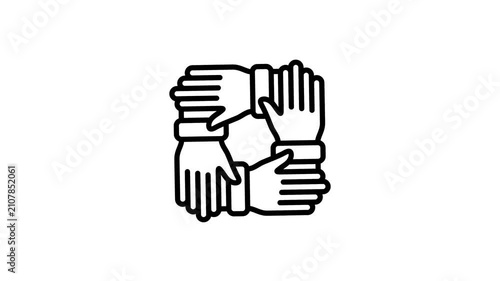 4 hands for team working together, teamwork, collaboration, cooperation, partnership, co-worker, alliance, help, support, community, connection animated icon. 4K video with alpha channel