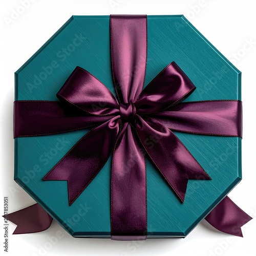 Teal octagonal gift box with deep plum satin ribbon and bow