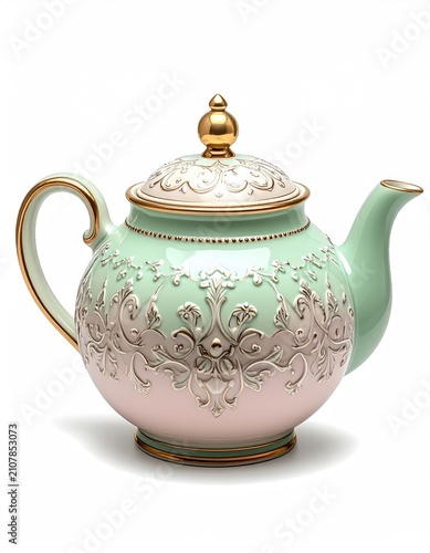 Elegant pastel ceramic teapot with intricate gold and silver ornate relief