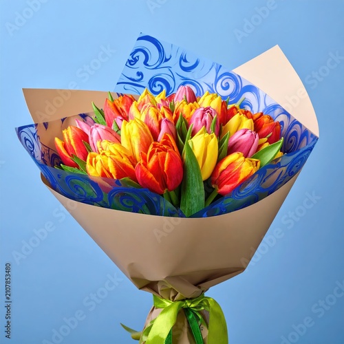 Vibrant bouquet of multi-colored tulips artfully arranged with decorative paper