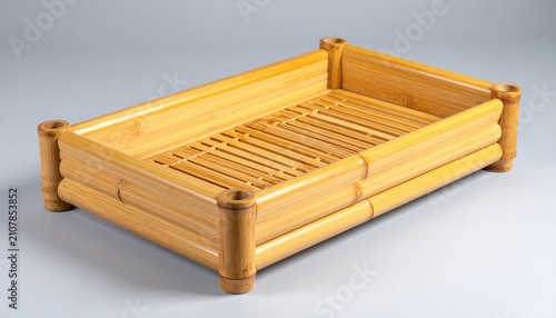 Rectangular bamboo tray with slatted surface and rounded corner posts