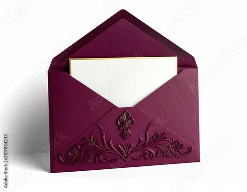 Deep plum envelope with ornate embossing holding a white card