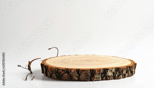 Rustic wooden slice on white with dry twigs, natural display
