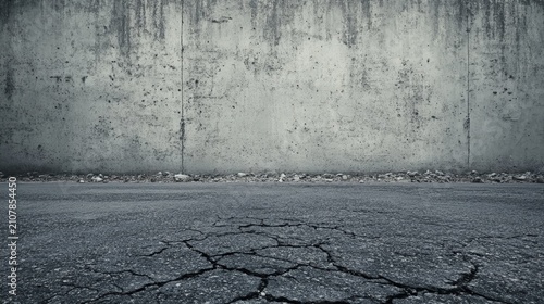 A cracked asphalt road meets a weathered, textured concrete wall, creating an urban, industrial scene with a gritty, worn-out aesthetic.