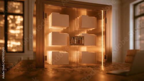 Obraz w ramie Warm lit archive room with shelf, doorway, and light, symbolizing secure virtual data room, compliance audit, and confidential review.