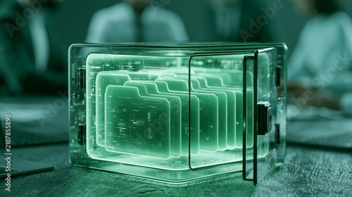 Obraz na płótnie Glowing transparent data cube in office setting, symbolizing virtual data room, compliance audit, secure document control, and confidential review.