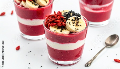 Refreshing layered berry and yogurt dessert topped with fruit and seeds