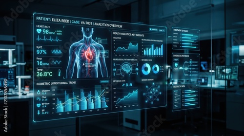 Futuristic holographic display showing comprehensive medical analytics overview for patient Eliza Reed, biometric longitudinal trends, treatment efficacy analysis, diagnostic pa...