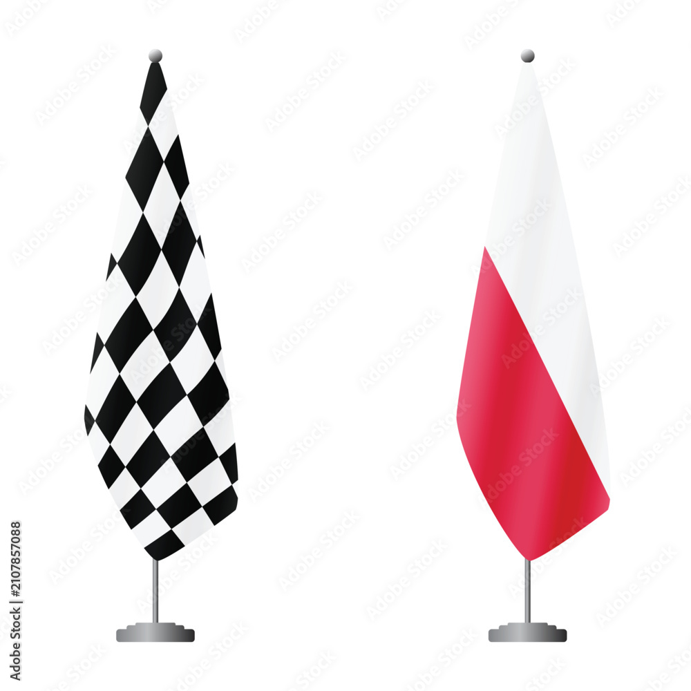Obraz premium Checkered and Poland flags on flagpoles for official ceremonies and meetings, transparent background vector