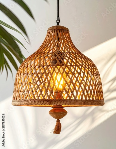 Woven light fixture with a warm glow, casting dappled shadows