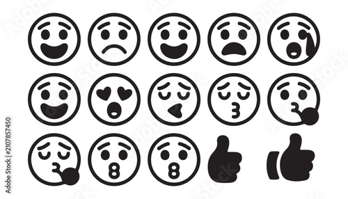 Photos Large array of expressive facial emoticons featuring joy sadness surprise and positive approval gestures