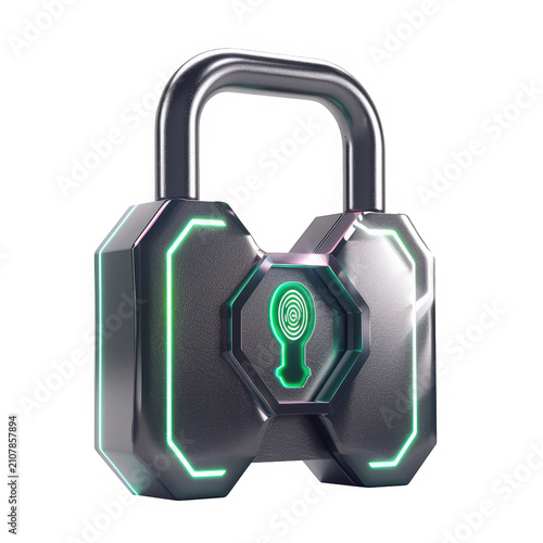 3D illustration of cyber security smart lock with biometric fingerprint sensor