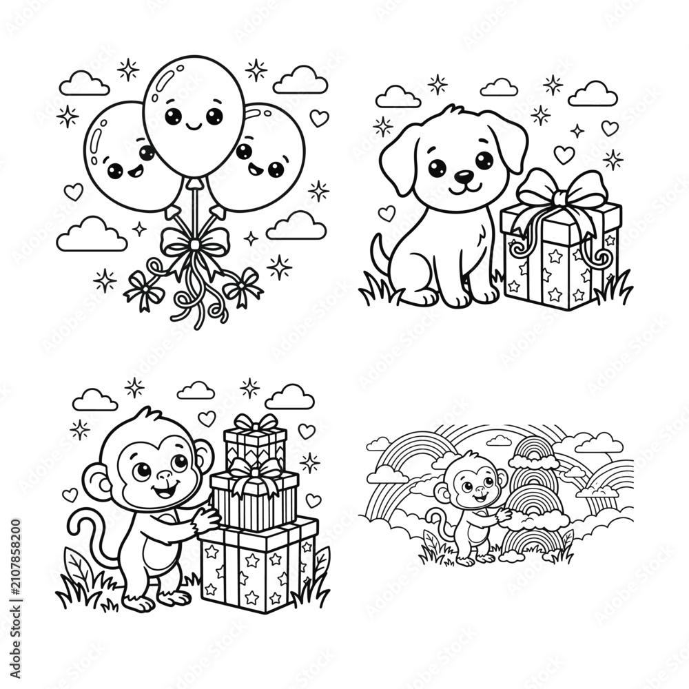 Fototapeta premium Line art illustrations of balloons puppy monkey and baby monkey with gifts and clouds presents