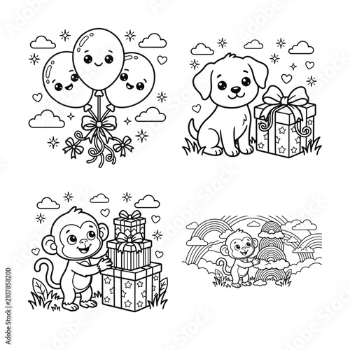 Photography Line art illustrations of balloons puppy monkey and baby monkey with gifts and c