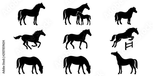 Horse silhouettes set including running, jumping, grazing horses, pony, mare with foal black icons isolated on white background