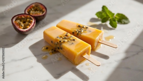 Passion fruit popsicles with fresh mint on a marble surface