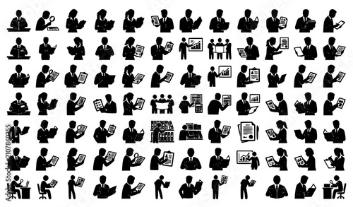 Black People Reading Documents and File Analysis Silhouette Icon Set Vector