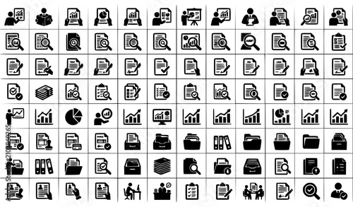 Business Document Review and Paperwork Analysis Black Vector Icons