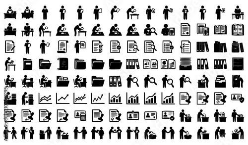 Professional Document Inspection and Office Analysis Black Silhouette Vector Collection