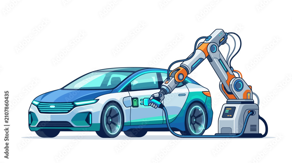 Naklejka premium Futuristic Robotic Arm Charging Electric Vehicle. Automated EV Smart Station Illustration.