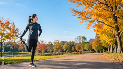 秋の美しい公園でストレッチをするスポーツウェアの若い女性