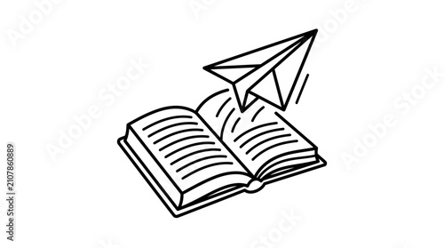 Minimalist Black and White of an Open Book with a Paper Airplane Flying Out of It with high quality professional line art symbols for modern creative design and digital branding projects