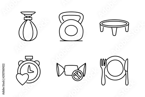 Fitness workout and healthy diet icon set featuring kettlebell, speed bag, trampoline, heart rate timer, and healthy plate