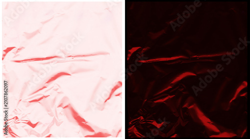 Foto Crumpled red plastic texture background, creased metallic foil surface in light