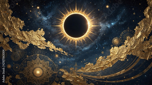 Majestic celestial artwork featuring a dark solar eclipse with glowing divine gold foil details