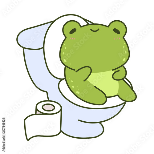 Cute cartoon frog sitting on a toilet. Funny animal character using a bathroom.