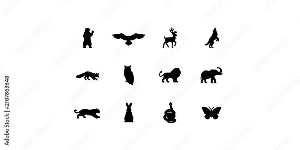 Fototapeta premium Animals Silhouettes Arranged in a Grid Pattern Featuring Wildlife, Nature, Black with White and Vector Elements for Illustration