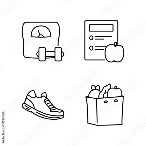 Healthy lifestyle and fitness icon set featuring weight scale, diet meal plan, running shoe, and organic groceries bag