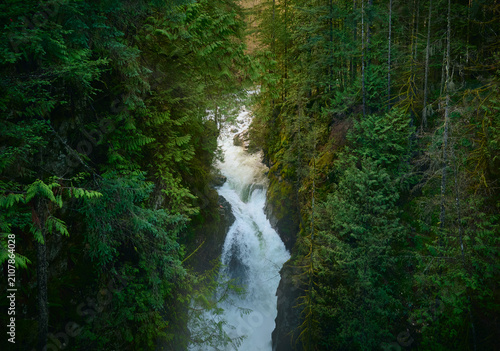 A powerful waterfall and mountain river rushing through a deep canyon surrounded by lush green coniferous forest in North Vancouver, British Columbia, Canada.