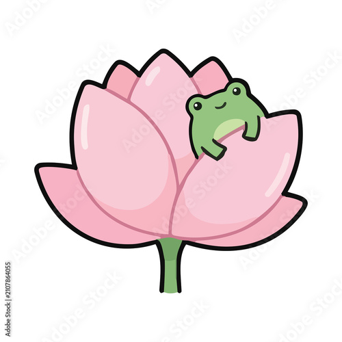 Cute green frog sitting on a pink water lily. Cartoon amphibian resting on a blooming lotus flower pad.