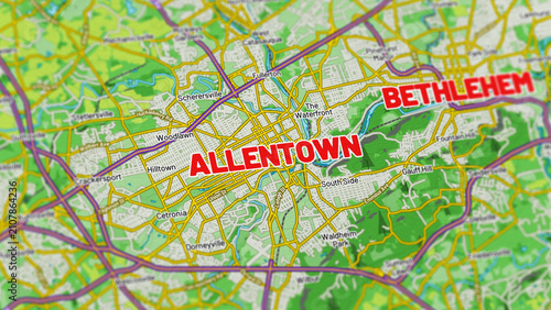 Macro View of Allentown and Bethlehem Pennsylvania Map Showing Detailed Streets, Roads, and Geographic Layout