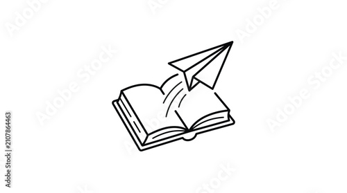 Professional Minimalist Line Drawing of an Open Book with a Paper Airplane Flying Out of It Black and White