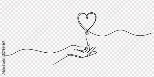 Foto Single one line drawing a hand holds a heart-shaped balloon