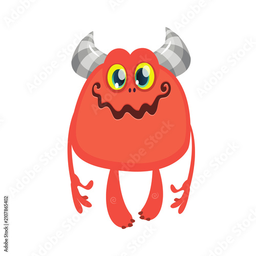Cute red monster character. Funny cartoon creature with horns for children design.