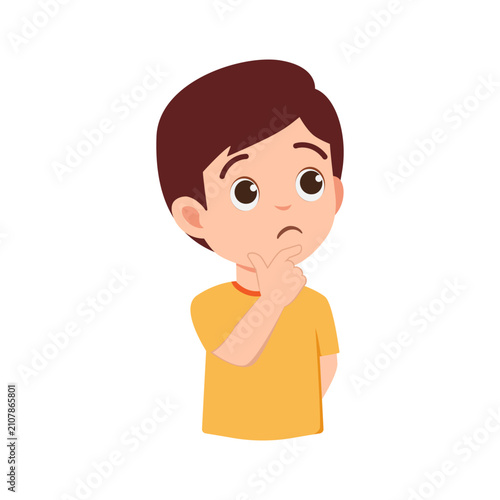Vector illustration of a young boy character thinking or brainstorming an idea. Modern flat design isolated on white backgr