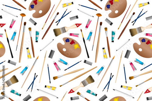 Art tools. Art supplies. Art equipment. White background. Set of brushes, pencils, erasers, palettes and color tubes, for artist, seamless pattern, collection, screen, wallpaper, banner, print,pattern
