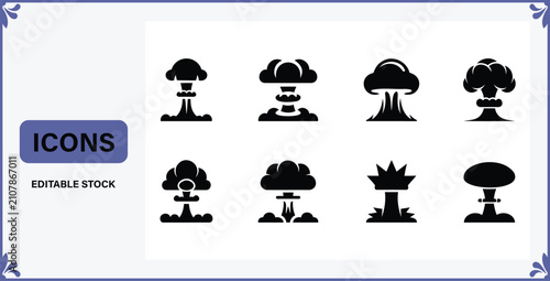 Slika na platnu Collection of eight black mushroom cloud explosion icons representing different