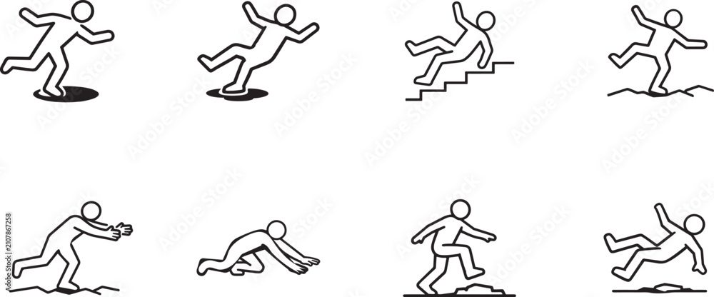 Fototapeta premium Man tripping icon set in bold and outline silhouette styles for warning, safety, hazard and risk design.
