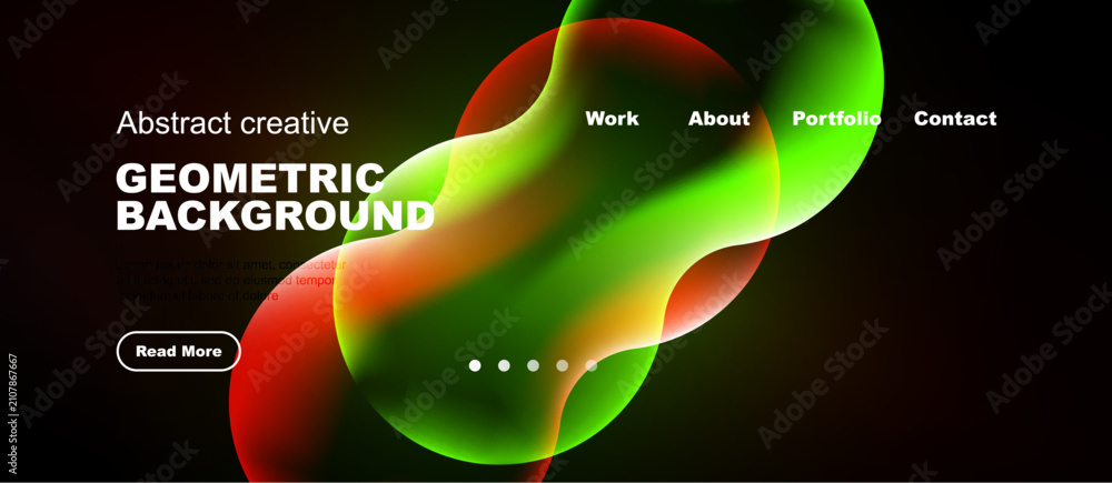 Naklejka premium Modern website design features vibrant abstract shapes, text overlays, navigation menu. Dark background enhances colorful elements.